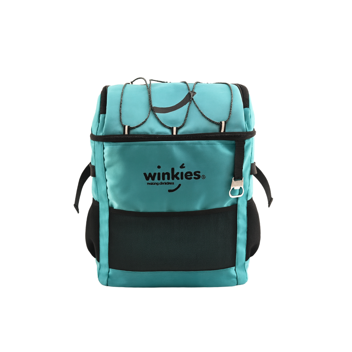 Front of Teal and black backpack, bottle opner on  a stretch cord, mesh pockets, shock cord to securely hold your towel. 