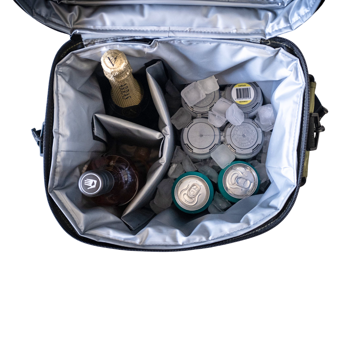 Removable divider holds 2 tall bottles upright for easy in and out without the ice collapse plus 14 cans and ice  Allows cold water in but not ice  - organised chill.