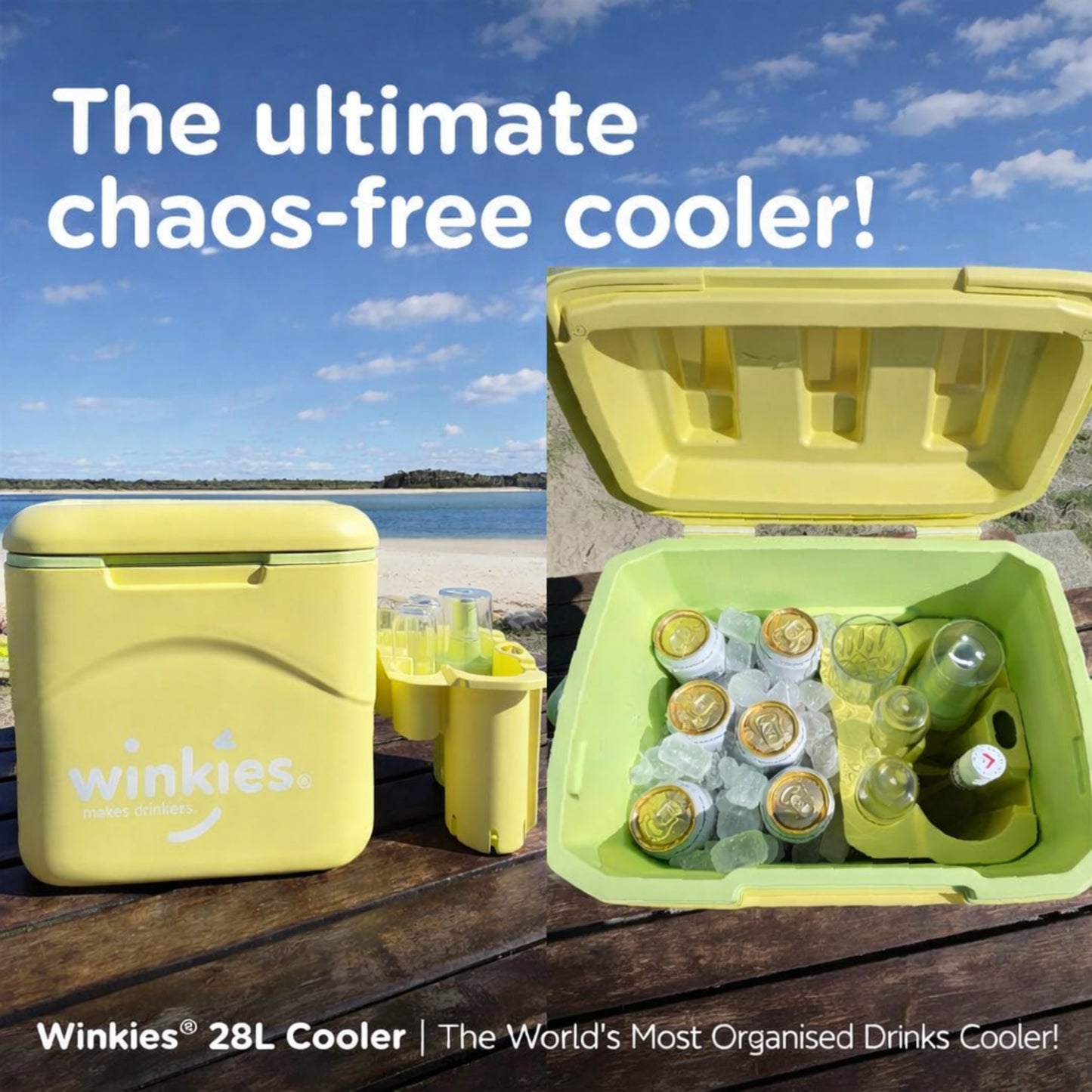 Pistachio Cooler showing cradle with drinks, ice, bottles and glasses with a beach background