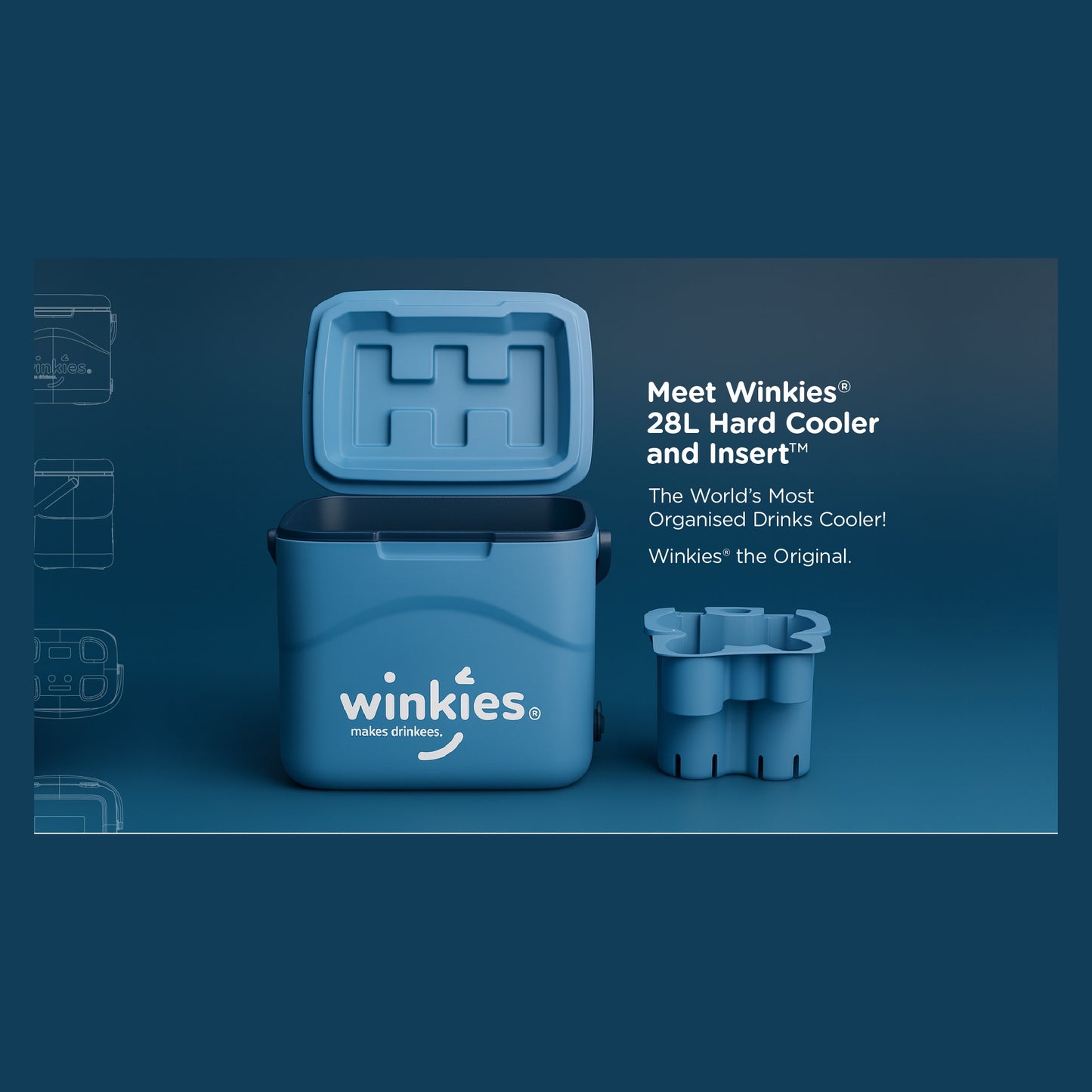 Winkies 28L hard cooler with cradle insert on a blue background